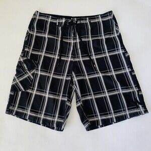 Hurley Board Shorts Men 32 Black Plaid Swim Bottoms Beach Pool Surf 11"